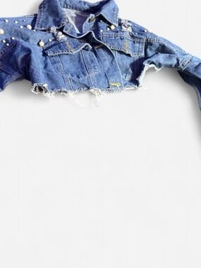 Distressed Cropped Denim Jacket with Pearl Accents